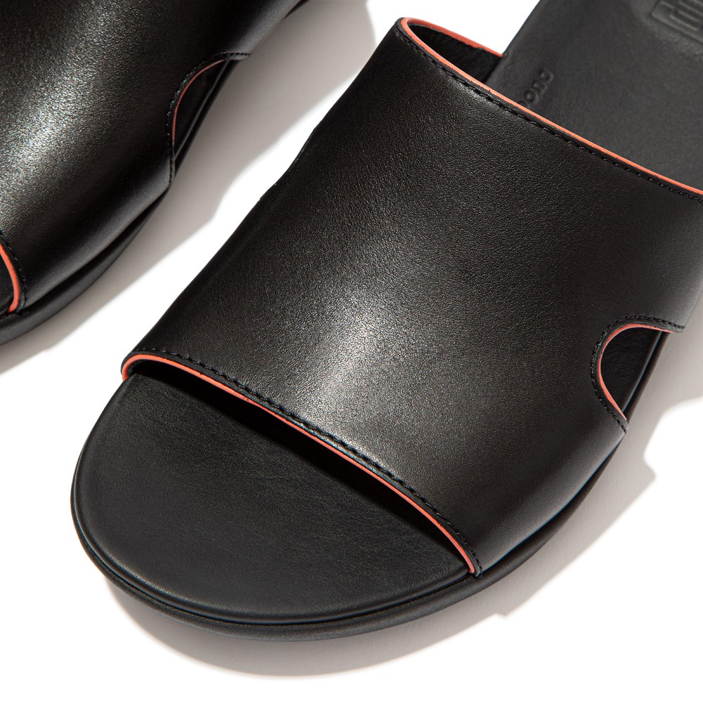 Fitflop Womens Slides Black - H-bar Pop-binding Leather - 29KTUHBFL